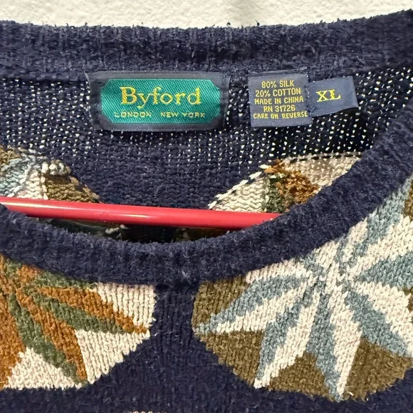 Byford of London - Vintage Silk Cotton Blend Navy Geometric Knit Sweater - XL - Picture 3 of 4